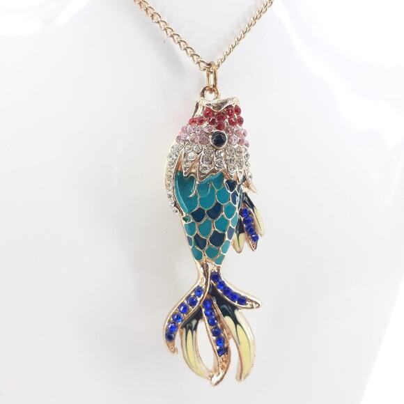 Blue Fish Enamel Rhinestone Long Gold Tone Chain Necklace Color Multi colored - Picture 2 of 14